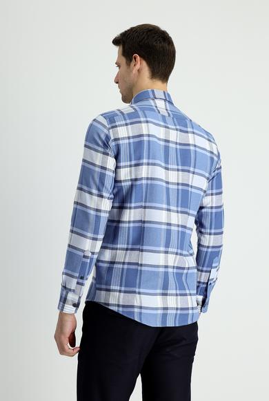 Erkek Giyim - HAVACI MAVİ XL Beden Uzun Kol Slim Fit Ekose Oduncu Gömlek