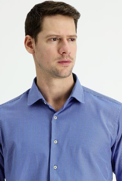 Erkek Giyim - KOYU MAVİ XXL Beden Uzun Kol Regular Fit Çizgili Gömlek