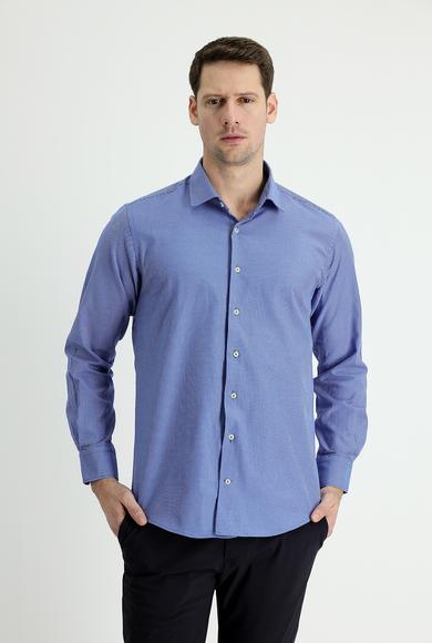 Erkek Giyim - KOYU MAVİ 4X Beden Uzun Kol Regular Fit Çizgili Gömlek