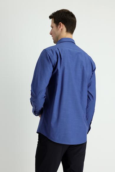 Erkek Giyim - ORTA LACİVERT 3X Beden Uzun Kol Regular Fit Keten Görünümlü Gömlek