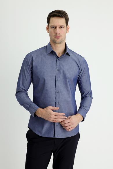 Erkek Giyim - KOYU LACİVERT XL Beden Uzun Kol Slim Fit Desenli Gömlek