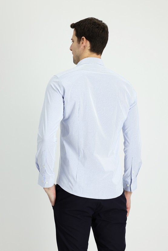 Erkek Giyim - Uzun Kol Slim Fit Çizgili Klasik Gömlek