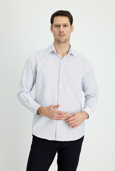 Erkek Giyim - BEYAZ 3X Beden Uzun Kol Regular Fit Çizgili Gömlek