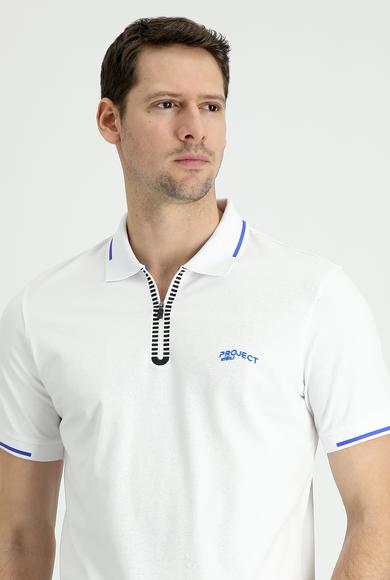 Erkek Giyim - BEYAZ S Beden Polo Yaka Slim Fit Fermuarlı Baskılı Tişört