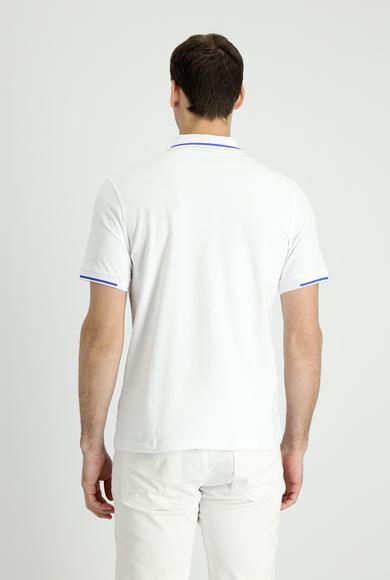 Erkek Giyim - BEYAZ S Beden Polo Yaka Slim Fit Fermuarlı Baskılı Tişört