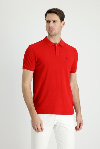 Erkek Giyim - BAYRAK KIRMIZI XL Beden Polo Yaka Slim Fit Nakışlı Tişört