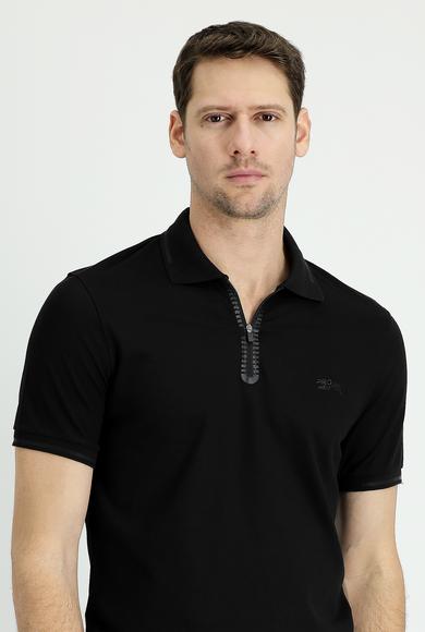Erkek Giyim - SİYAH XL Beden Polo Yaka Slim Fit Fermuarlı Baskılı Tişört