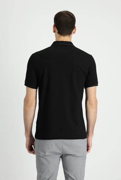Erkek Giyim - SİYAH XL Beden Polo Yaka Slim Fit Fermuarlı Baskılı Tişört