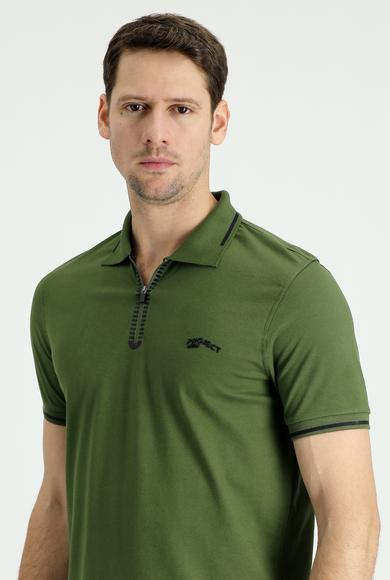 Erkek Giyim - ORTA HAKİ L Beden Polo Yaka Slim Fit Fermuarlı Baskılı Tişört