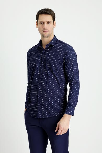 Erkek Giyim - KOYU LACİVERT XL Beden Uzun Kol Slim Fit Baskılı Gömlek