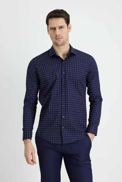 Erkek Giyim - KOYU LACİVERT XL Beden Uzun Kol Slim Fit Baskılı Gömlek