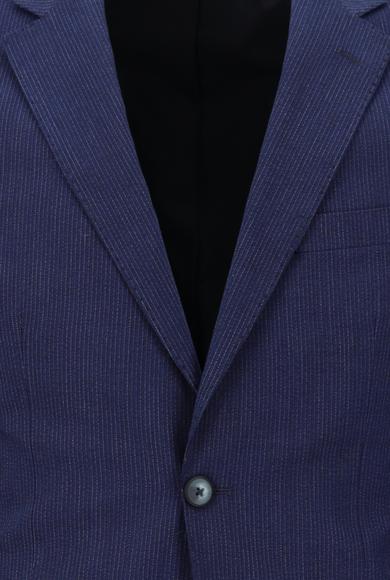 Erkek Giyim - ORTA LACİVERT 48 Beden Süper Slim Fit Beli Lastikli İpli Çizgili Takım Elbise