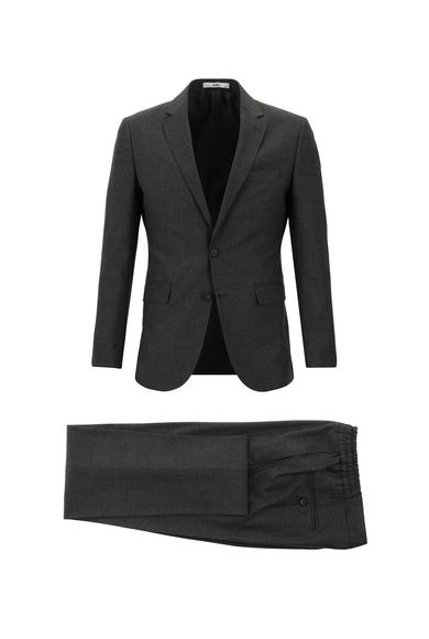 Erkek Giyim - KOYU ANTRASİT 44 Beden Süper Slim Fit Beli Lastikli İpli Çizgili Takım Elbise
