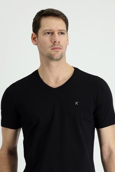Erkek Giyim - SİYAH XL Beden V Yaka Slim Fit Tişört