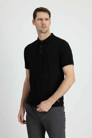 Erkek Giyim - SİYAH 3X Beden Polo Yaka Regular Fit Nakışlı Tişört