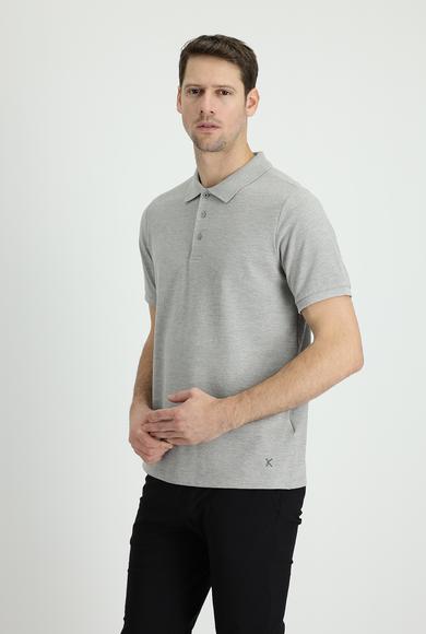 Erkek Giyim - ORTA GRİ MELANJ XXL Beden Polo Yaka Regular Fit Nakışlı Tişört