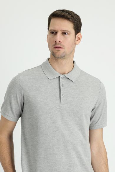Erkek Giyim - ORTA GRİ MELANJ XXL Beden Polo Yaka Regular Fit Nakışlı Tişört