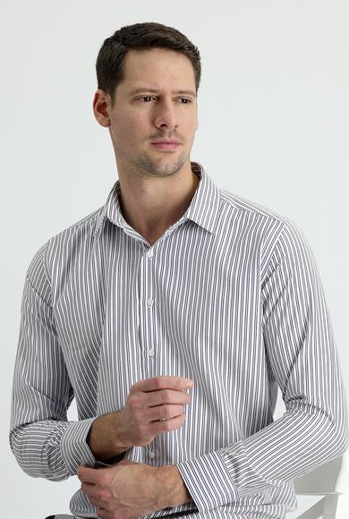 Erkek Giyim - KOYU LACİVERT XXL Beden Uzun Kol Slim Fit Çizgili Gömlek