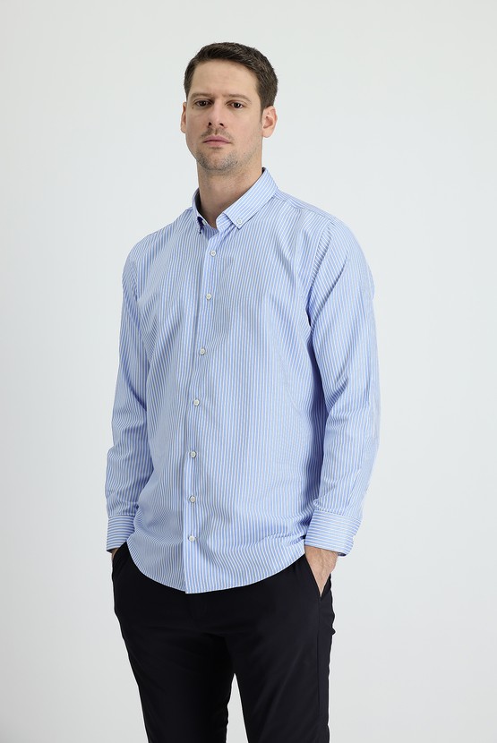 Erkek Giyim - Uzun Kol Slim Fit Çizgili Spor Gömlek