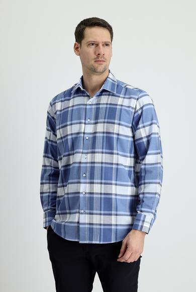 Erkek Giyim - HAVACI MAVİ S Beden Uzun Kol Regular Fit Ekose Gömlek