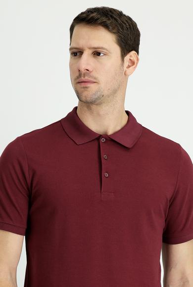 Erkek Giyim - KOYU BORDO XL Beden Polo Yaka Regular Fit Nakışlı Tişört