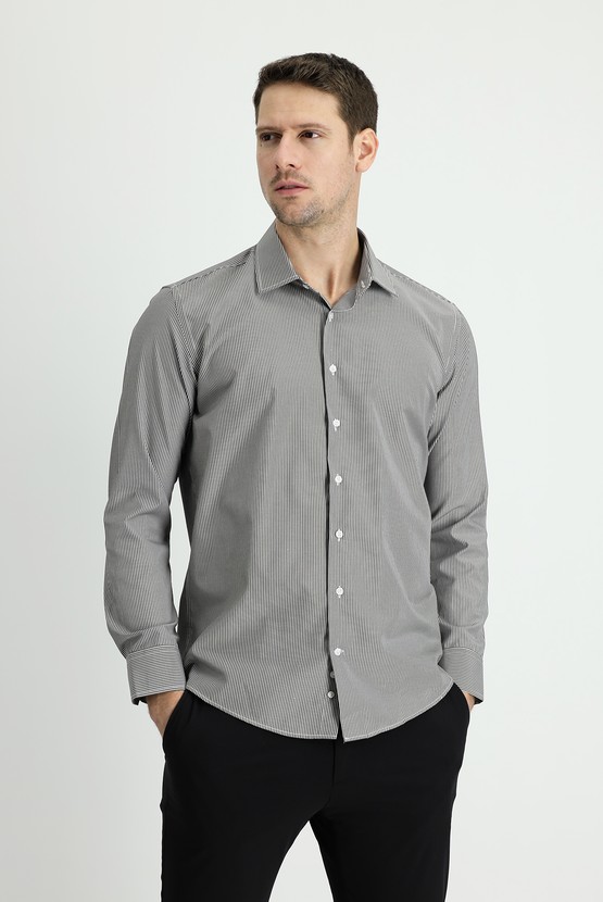 Erkek Giyim - Uzun Kol Slim Fit Klasik Çizgili Gömlek