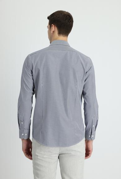 Erkek Giyim - KOYU LACİVERT S Beden Uzun Kol Slim Fit Klasik Çizgili Gömlek