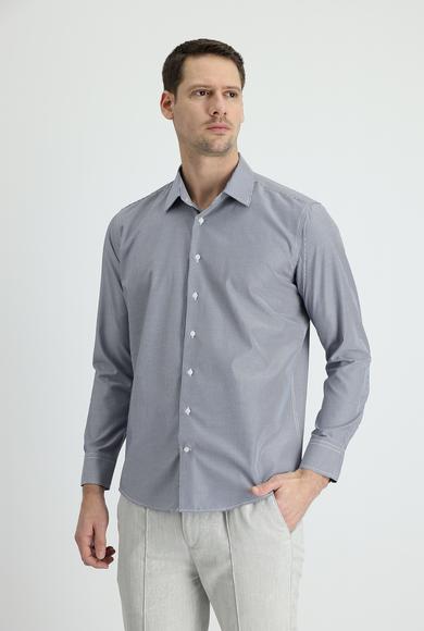 Erkek Giyim - KOYU LACİVERT S Beden Uzun Kol Slim Fit Klasik Çizgili Gömlek