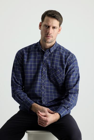 Erkek Giyim - KOYU LACİVERT M Beden Uzun Kol Regular Fit Ekose Oduncu Gömlek