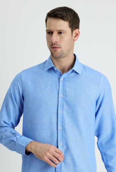 Erkek Giyim - MAVİ 3X Beden Uzun Kol Regular Fit Keten Gömlek