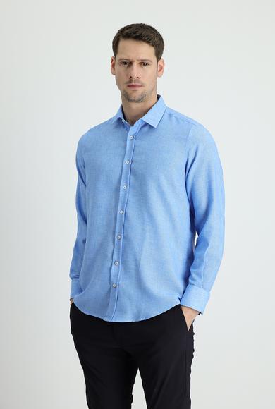 Erkek Giyim - MAVİ 3X Beden Uzun Kol Regular Fit Keten Gömlek