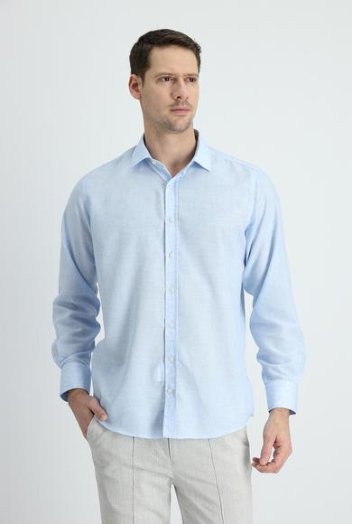 Erkek Giyim - AÇIK MAVİ 4X Beden Uzun Kol Regular Fit Keten Gömlek