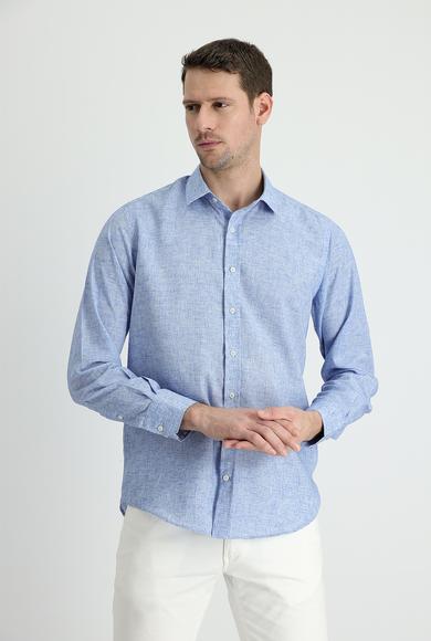 Erkek Giyim - KOYU MAVİ 4X Beden Uzun Kol Regular Fit Keten Gömlek