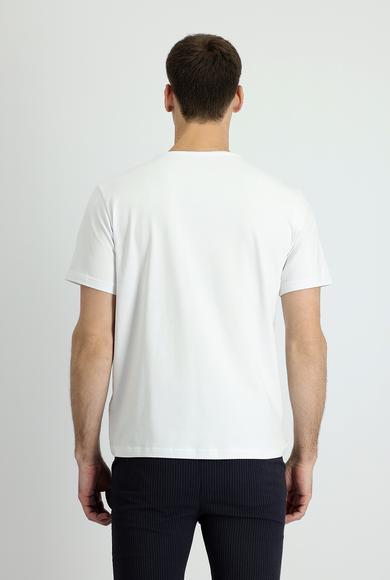 Erkek Giyim - BEYAZ XL Beden V Yaka Regular Fit Nakışlı Süprem Tişört