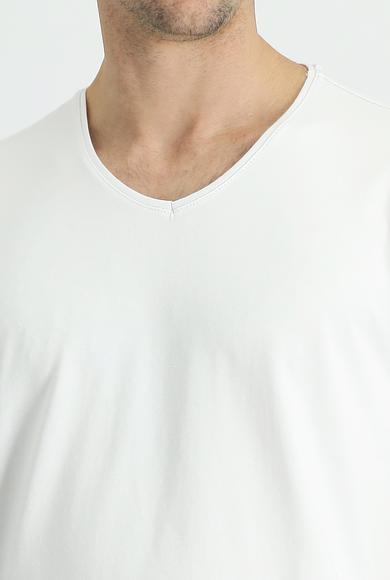 Erkek Giyim - BEYAZ XL Beden V Yaka Regular Fit Nakışlı Süprem Tişört