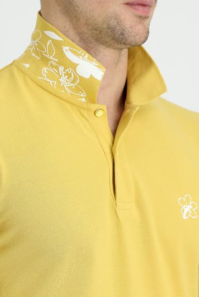 Erkek Giyim - SARI S Beden Polo Yaka Slim Fit Baskılı Tişört
