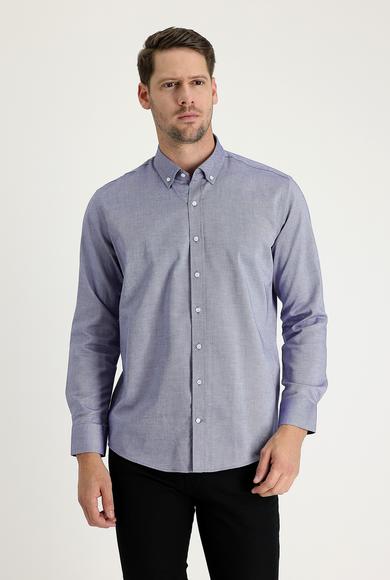 Erkek Giyim - KOYU LACİVERT M Beden Uzun Kol Slim Fit Oxford Gömlek