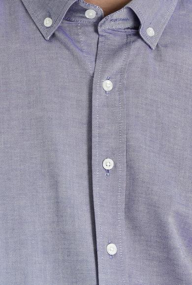 Erkek Giyim - KOYU LACİVERT M Beden Uzun Kol Slim Fit Oxford Gömlek