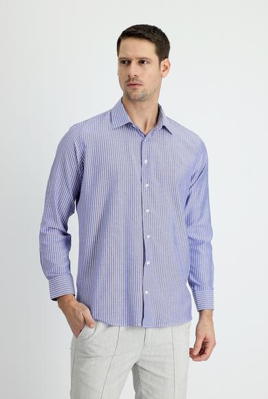 Erkek Giyim - MAVİ XL Beden Uzun Kol Slim Fit Çizgili Gömlek