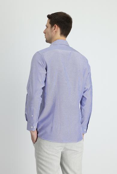 Erkek Giyim - MAVİ XL Beden Uzun Kol Slim Fit Çizgili Gömlek