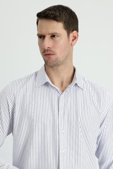 Erkek Giyim - BEYAZ L Beden Uzun Kol Slim Fit Çizgili Gömlek