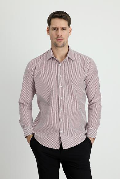 Erkek Giyim - AÇIK BORDO XXL Beden Uzun Kol Slim Fit Çizgili Gömlek
