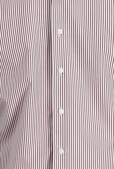 Erkek Giyim - AÇIK BORDO L Beden Uzun Kol Slim Fit Çizgili Gömlek