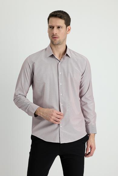 Erkek Giyim - AÇIK BORDO XL Beden Uzun Kol Slim Fit Klasik Çizgili Gömlek