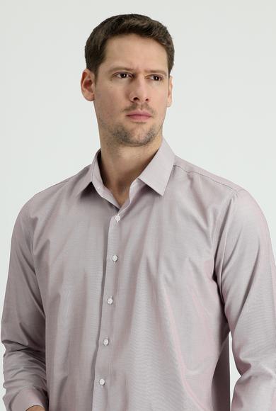 Erkek Giyim - AÇIK BORDO XL Beden Uzun Kol Slim Fit Klasik Çizgili Gömlek