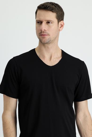 Erkek Giyim - SİYAH L Beden V Yaka Regular Fit Nakışlı Süprem Tişört