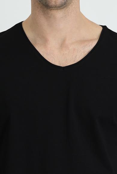 Erkek Giyim - SİYAH L Beden V Yaka Slim Fit Nakışlı Süprem Tişört