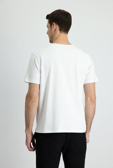 Erkek Giyim - BEYAZ XL Beden V Yaka Slim Fit Nakışlı Süprem Tişört