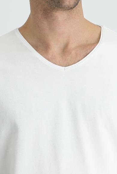 Erkek Giyim - BEYAZ XL Beden V Yaka Slim Fit Nakışlı Süprem Tişört