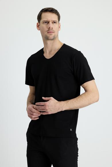 Erkek Giyim - SİYAH XL Beden V Yaka Regular Fit Nakışlı Süprem Tişört